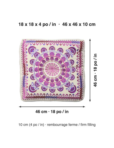 Coussin de méditation brodé violet, 18 x 18 po