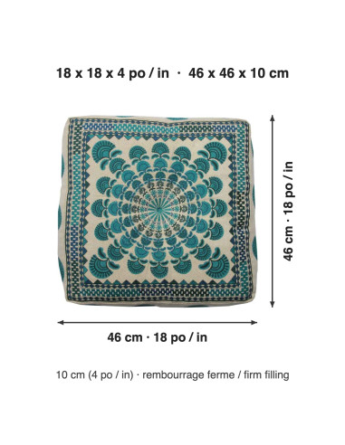 Coussin de méditation brodé turquoise, 18 x 18 po
