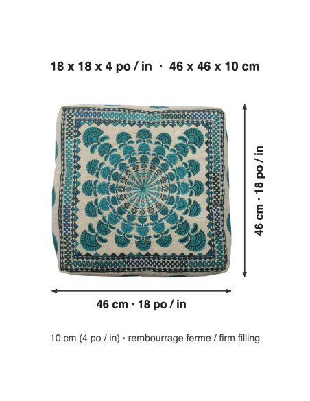 Turquoise Embroidered Meditation Cushion, 18 x 18 in