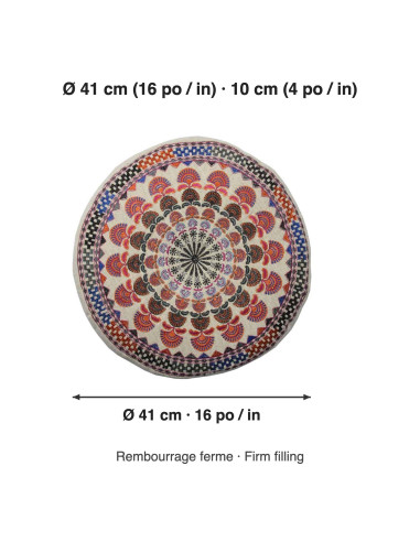 Red Round Embroidered Meditation Cushion, Ø 16 in