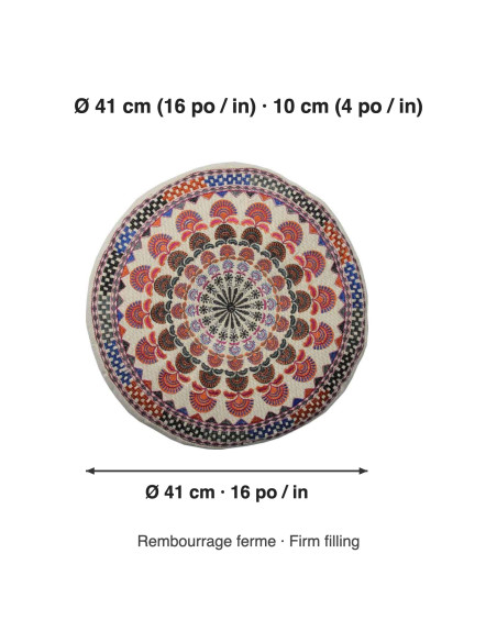 Coussin de méditation rond brodé rouge, Ø 16 po
