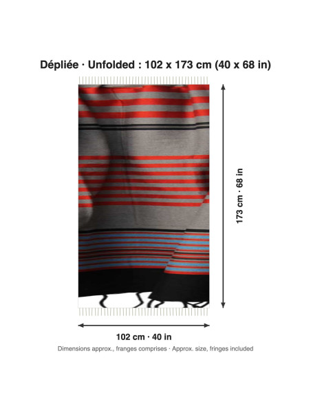 Fouta grise à rayures rouges et bleues