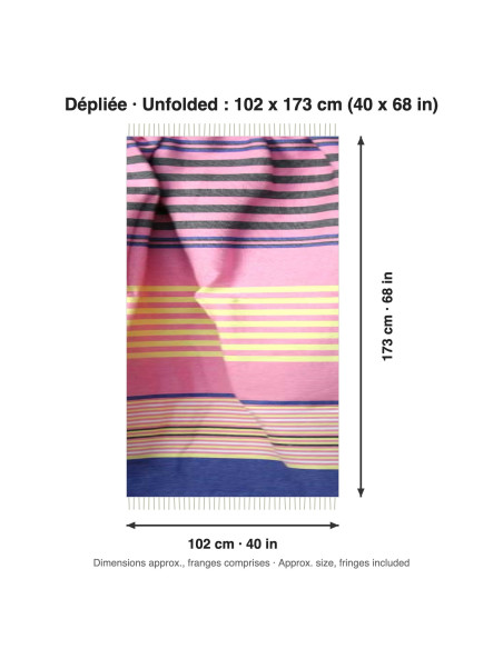 Fouta rose rayée à bande bleu marine