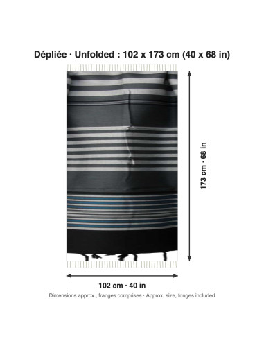 Fouta gris foncé à rayures grises et bleues