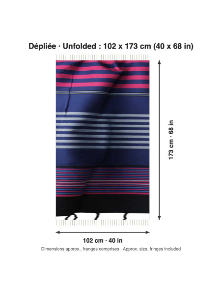 Fouta bleu marine à rayures roses