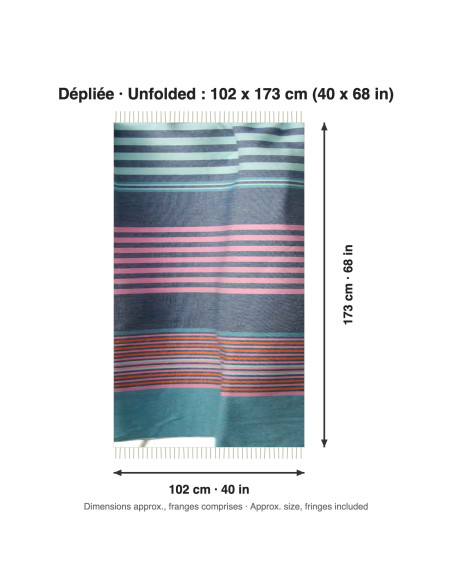 Fouta bleu canard à rayures roses