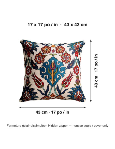 Housse de coussin fleurs ottomanes bleues, 17 x 17 po