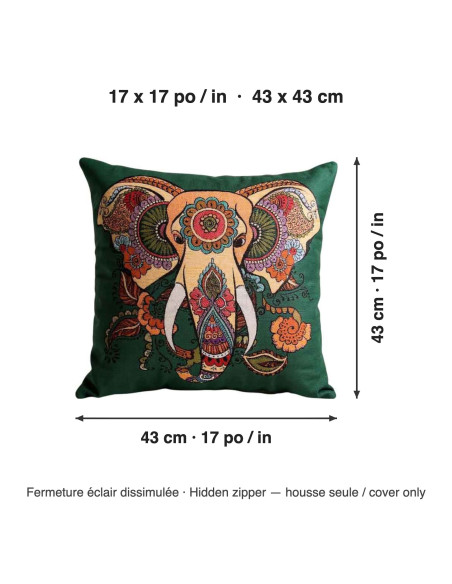 Green Decorated Elephant Cushion Cover, 17 x 17 in