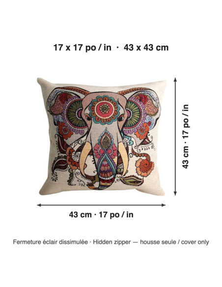Housse de coussin éléphant décoré crème, 17 x 17 po