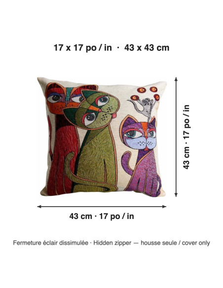Housse de coussin trois chats et souris, 17 x 17 po