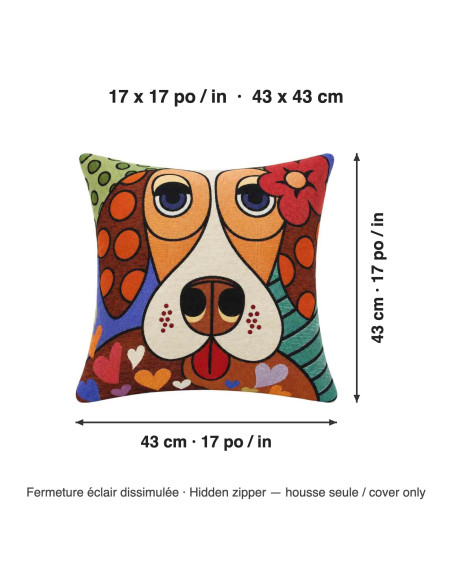 Housse de coussin chien coloré, 17 x 17 po