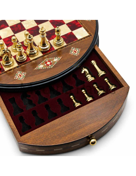 Jeu d'échecs rond en noyer massif marqueté 38 cm – Fait main en Turquie