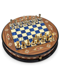 Handmade Turkish Round Solid Walnut Chess Set 15" – Blue...