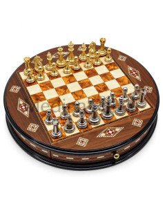 Jeu d'échecs rond en noyer massif 38 cm – Damier orange –...