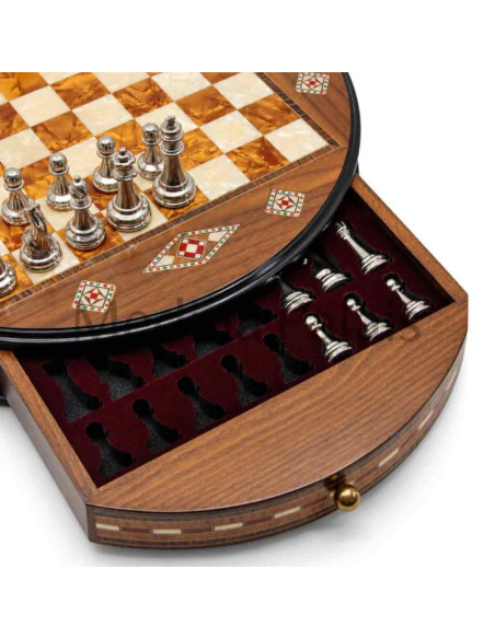 Jeu d'échecs rond en noyer massif 38 cm – Damier orange – Fait main en Turquie
