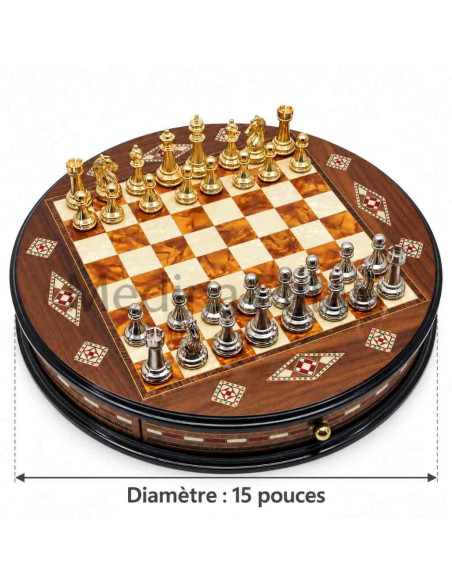 Jeu d'échecs rond en noyer massif 38 cm – Damier orange – Fait main en Turquie