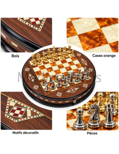 Jeu d'échecs rond en noyer massif 38 cm –...