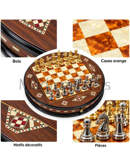 Jeu d'échecs rond en noyer massif 38 cm – Damier orange – Fait main en Turquie