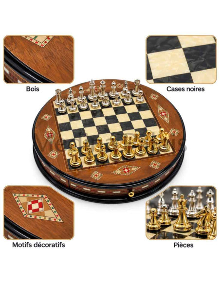 Jeu d'échecs rond en noyer massif 38 cm – Damier noir – Fait main en Turquie