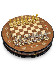 Handmade Turkish Round Solid Walnut Chess Set 15" – Brown...