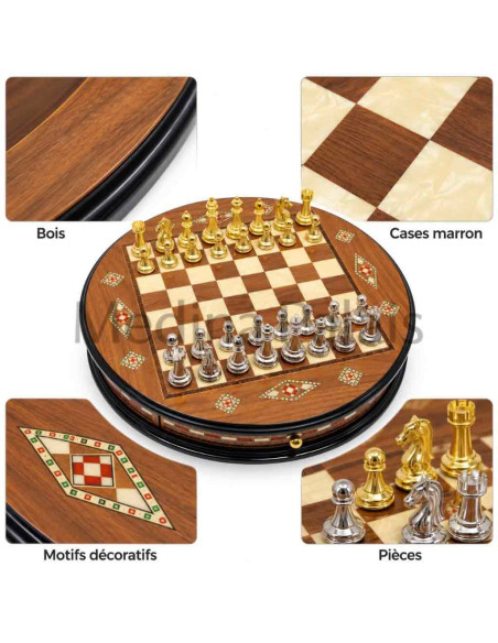 Jeu d'échecs rond en noyer massif 38 cm – Damier marron – Fait main en Turquie