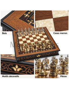 Jeu d'échecs carré en noyer massif 38 cm – Damier marron... 2