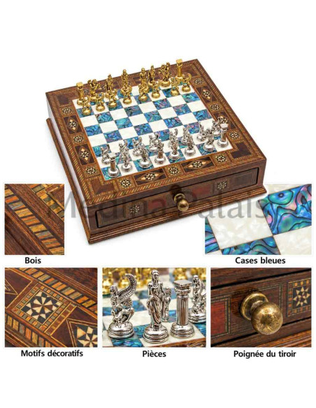 Jeu d'échecs carré en noyer marqueté 25 cm – Damier en nacre bleue – Fait main en Turquie
