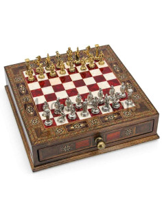 Jeu d'échecs carré en noyer marqueté 25 cm – Damier rouge...