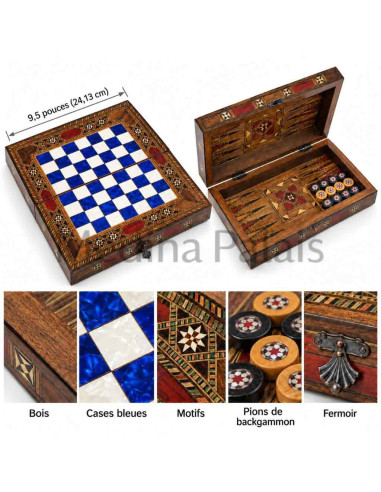 Coffret échecs et backgammon en noyer marqueté...