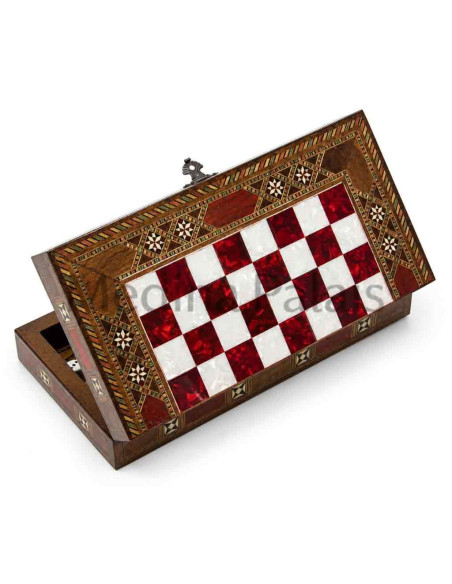 Coffret échecs et backgammon en noyer marqueté 24 cm – Damier rouge – Fait main en Turquie