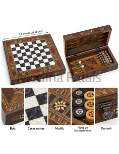 Coffret échecs et backgammon en noyer marqueté 24 cm –... 2