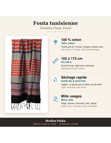 Fouta grise à rayures rouges et bleues