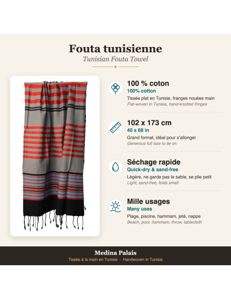 Fouta grise à rayures rouges et bleues