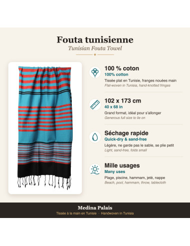 Turquoise fouta with red stripes