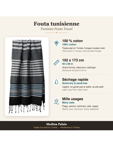 Dark grey fouta with grey and blue stripes