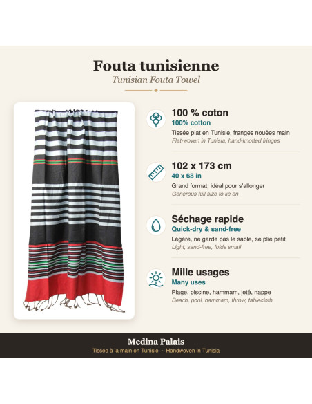 Black fouta with white stripes and red band