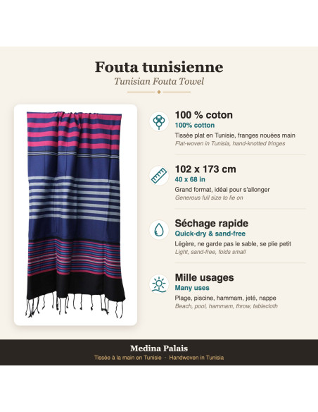 Fouta bleu marine à rayures roses