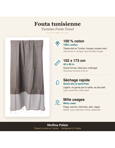 Fouta taupe unie à bande rayée blanche