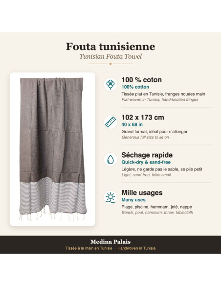Fouta taupe unie à bande rayée blanche