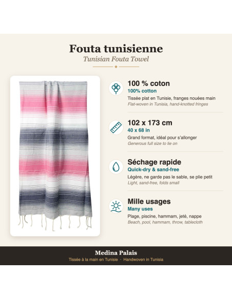 Fouta en dégradé rose, gris et bleu marine