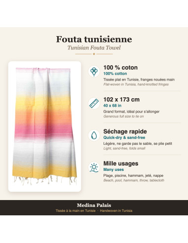 Fouta en dégradé jaune, orange et rose