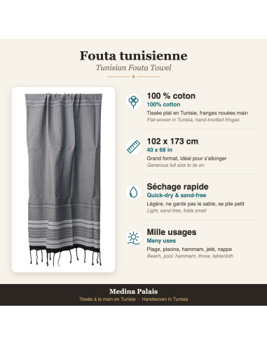 Fouta grise à bordure rayée noire