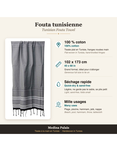 Fouta grise à bordure rayée noire
