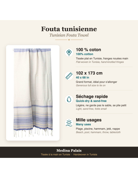 Fouta blanche à bordure rayée bleue