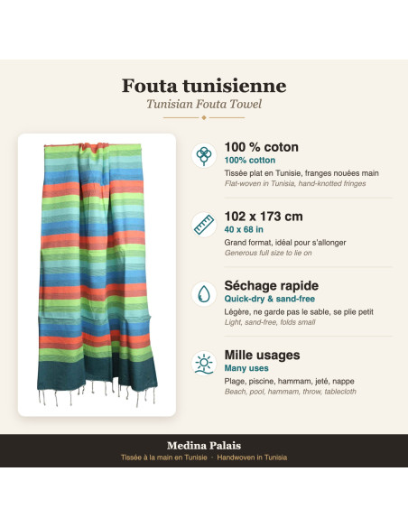 Fouta multicolore à rayures vertes, bleues et orange
