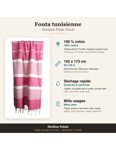 Fouta framboise à rayures blanches