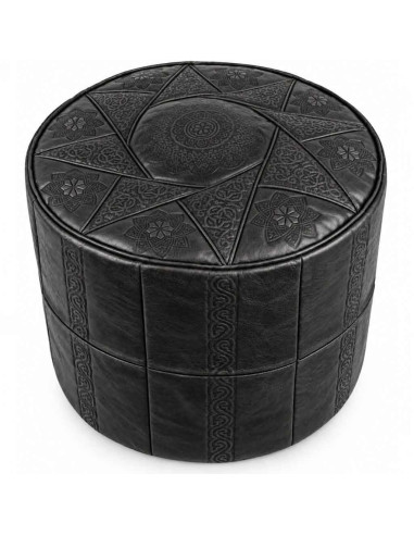 Moroccan Rabat Leather Pouf, Black – Ø 16 in