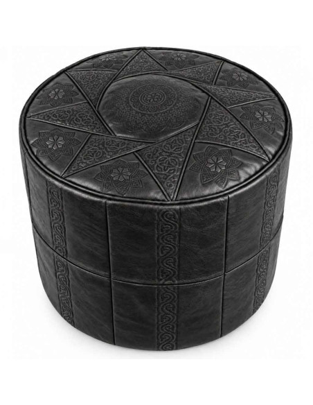 Pouf marocain Rabat en cuir noir – Ø 16 po