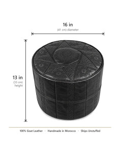 Moroccan Rabat Leather Pouf, Black – Ø 16 in 2