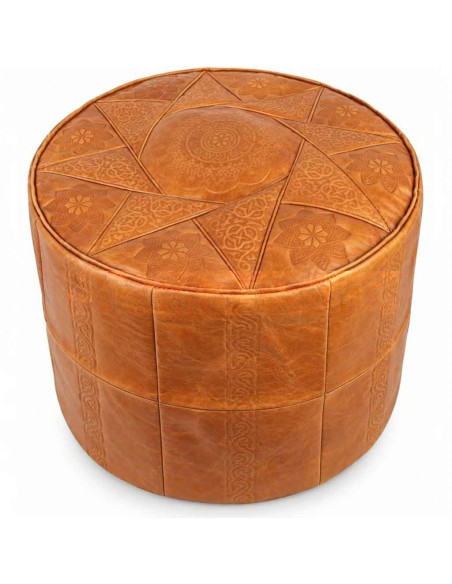 Pouf marocain Rabat en cuir caramel – Ø 16 po